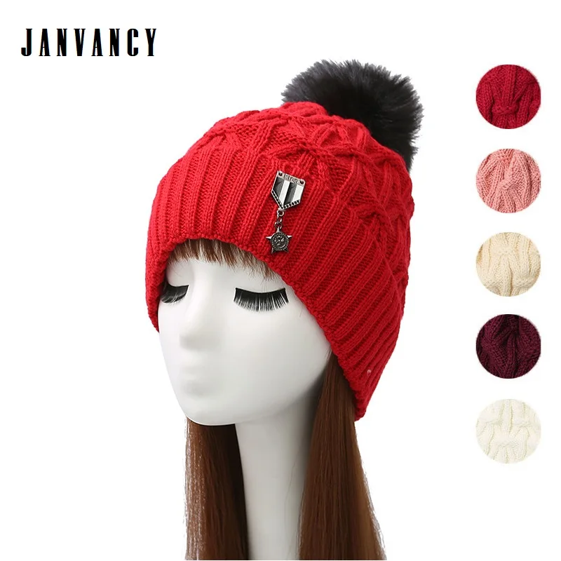 

Winter Hanging Bronze pentagram Knitted Beanies for Women Fluffy pompom Hat Furry plush Cap Copper star Red Pink Cross Stripe