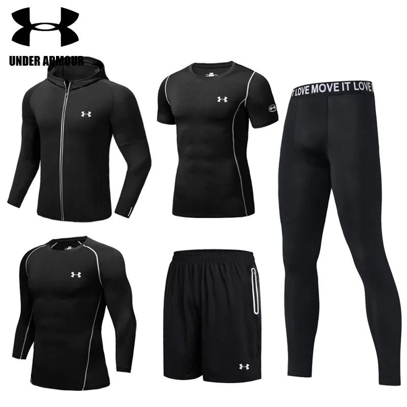 

Under Armour Men Gym Clothing Male outdoor training Running Sets breathable Sports suits 5 pieces survetement homme high quality