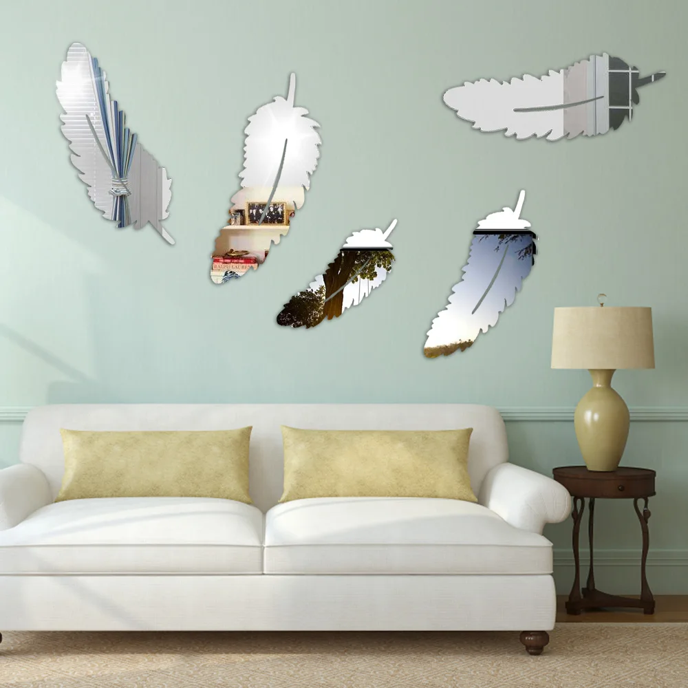 

8pcs/set 3D Mirror Wall Sticker Feather Acrylic Mural Decal Removable Stickers Living room Wall Decal Art DIY Home Decor