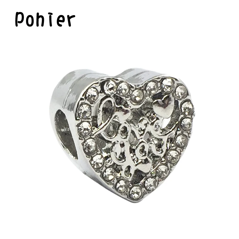 Love Script Clear Crystal Heart Charm European Beads Fit Pandora Charms