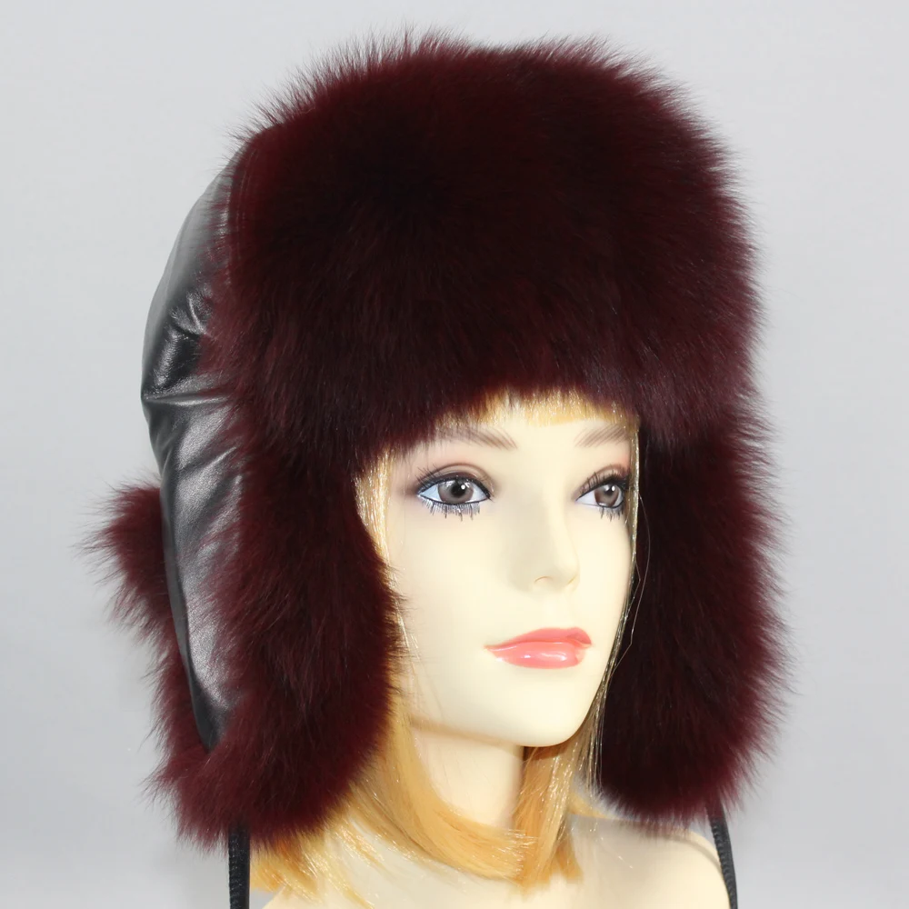 Genuin Fox Fur Hats Lady Real Fox Fur Lei Feng Cap for Russian Women Bomber Hats with Leather Caps Retail wholesale