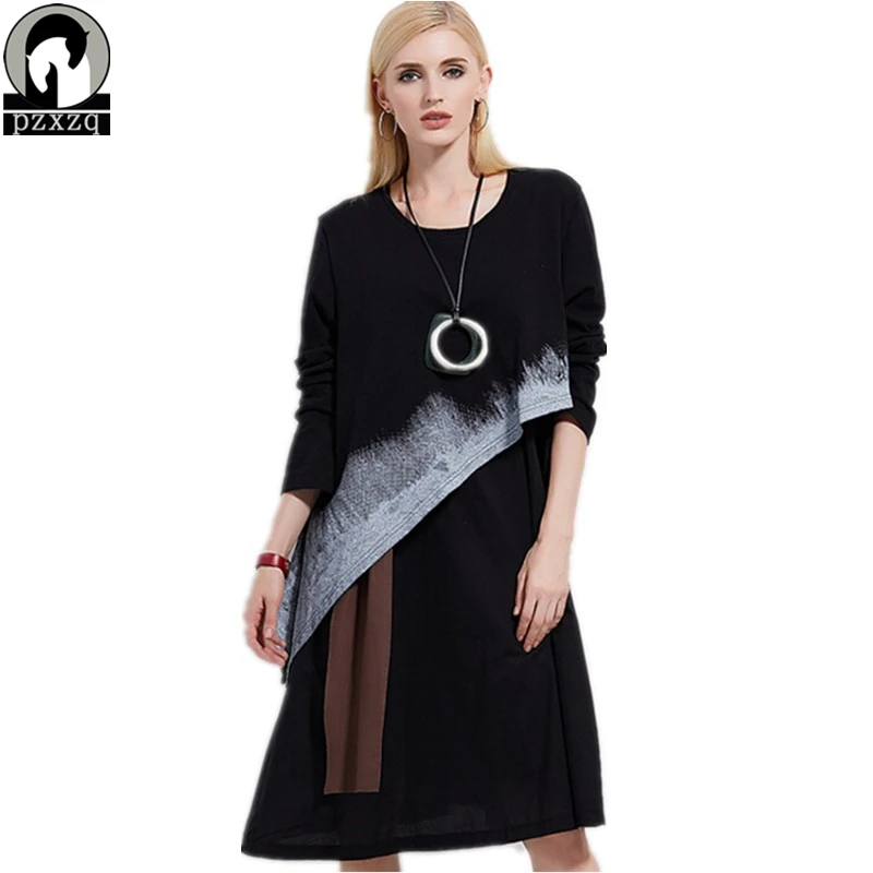 

New Original Design Loose Large Size Printing Cotton Women Dresses Autumn Winter Long Sleeve Vintage Patchwork Dress vestidos