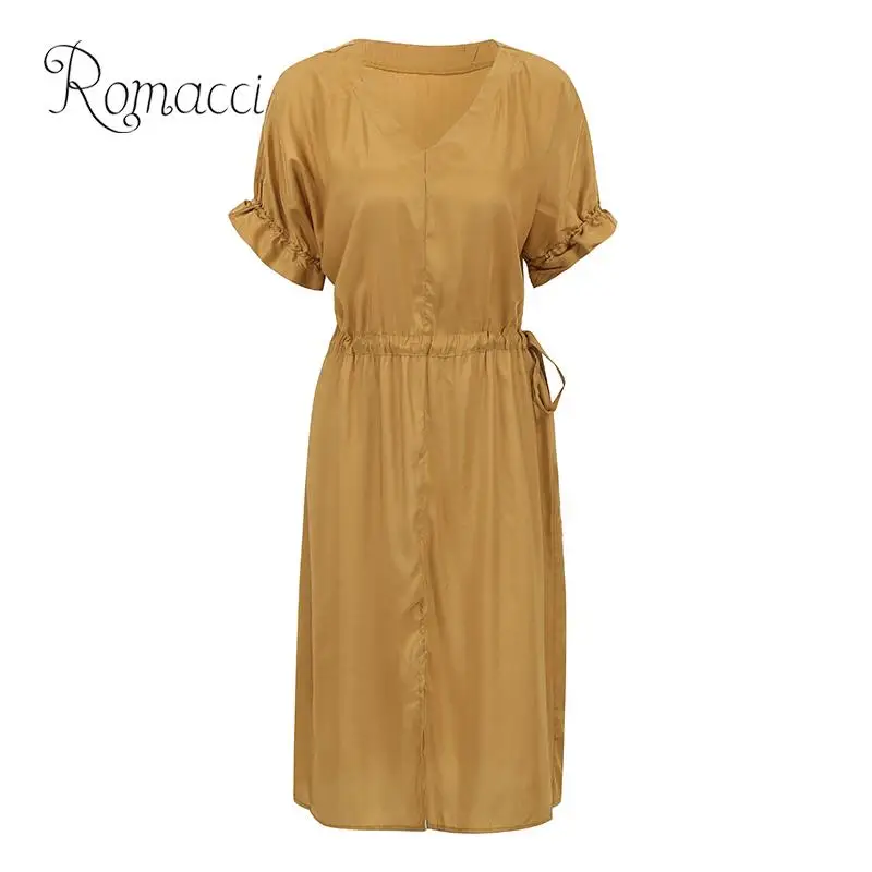 

Romacci Women Casual Loose Dress Half Sleeve V Neck Drawstring Waist Fashion Summer Dress 2019 Slit Front Vintage Solid Dress