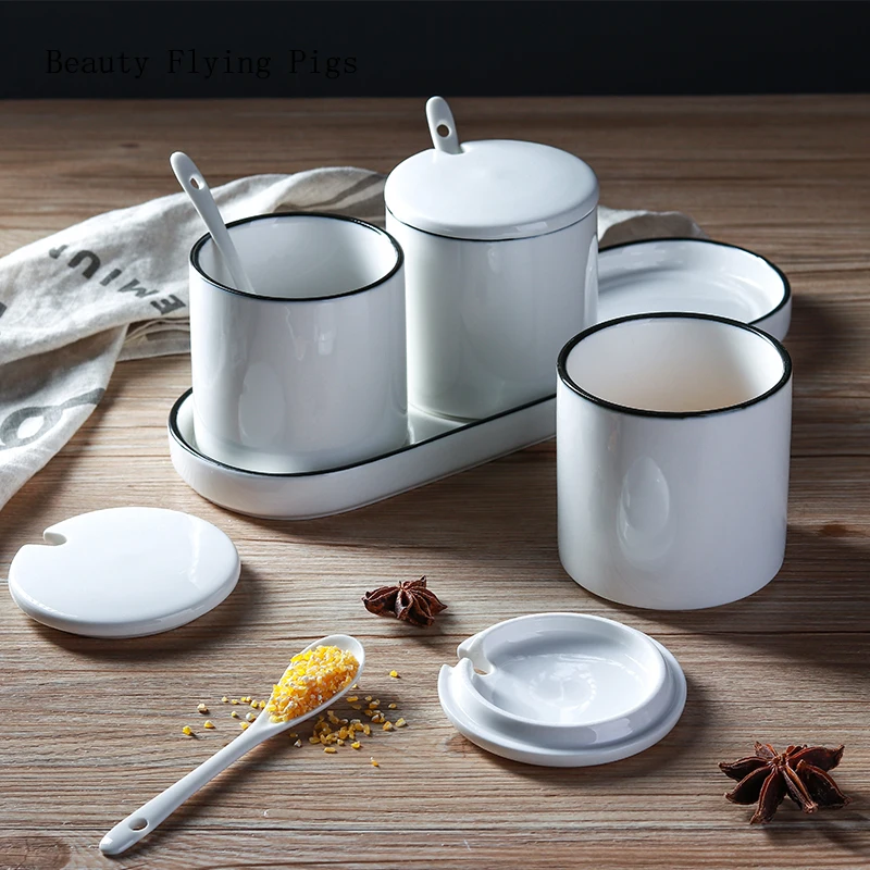 Nordic style household ceramic seasoning jar bottle kitchen storage condiment bottle with lid with spoon spice jar sugar bowl
