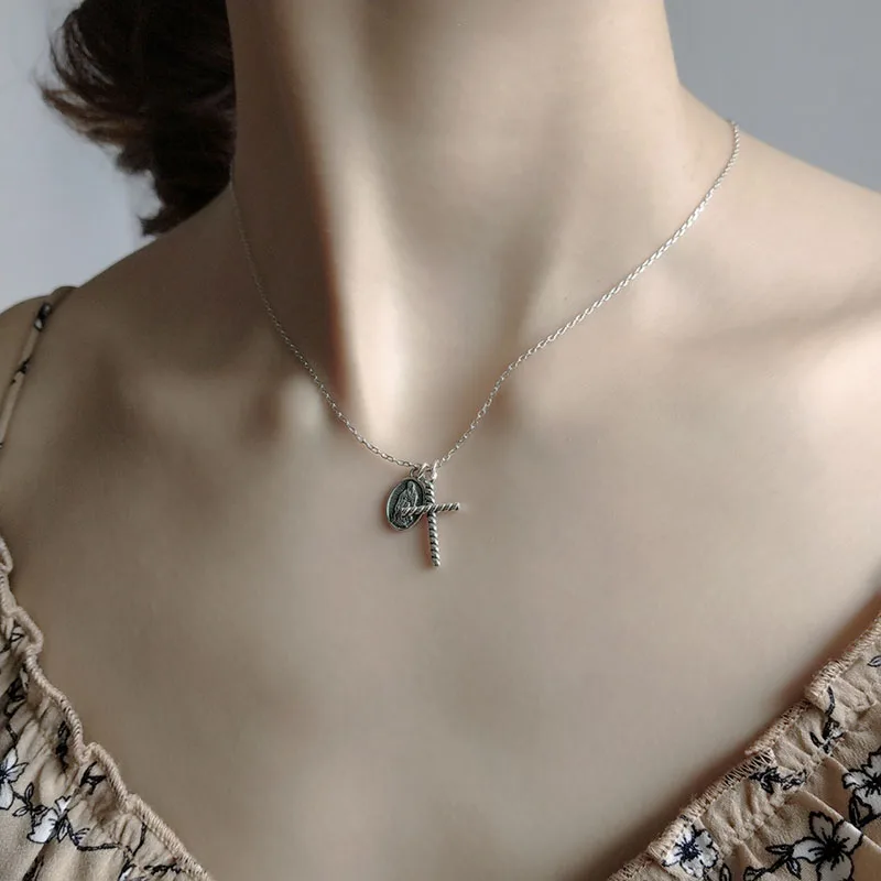 

WTLTC Simple Virgin Mary Cross Chokers Necklaces for Women 925 Sterling Sliver Layered Necklaces Boho Coin Double Pendant Choker