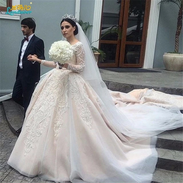 Magnifique Sheer robe de Bal Robes De Mariée 2017 Puffy Perlée chapelle  long train Manches Longues Arabe Robes De Mariée robe de mariage |  AliExpress