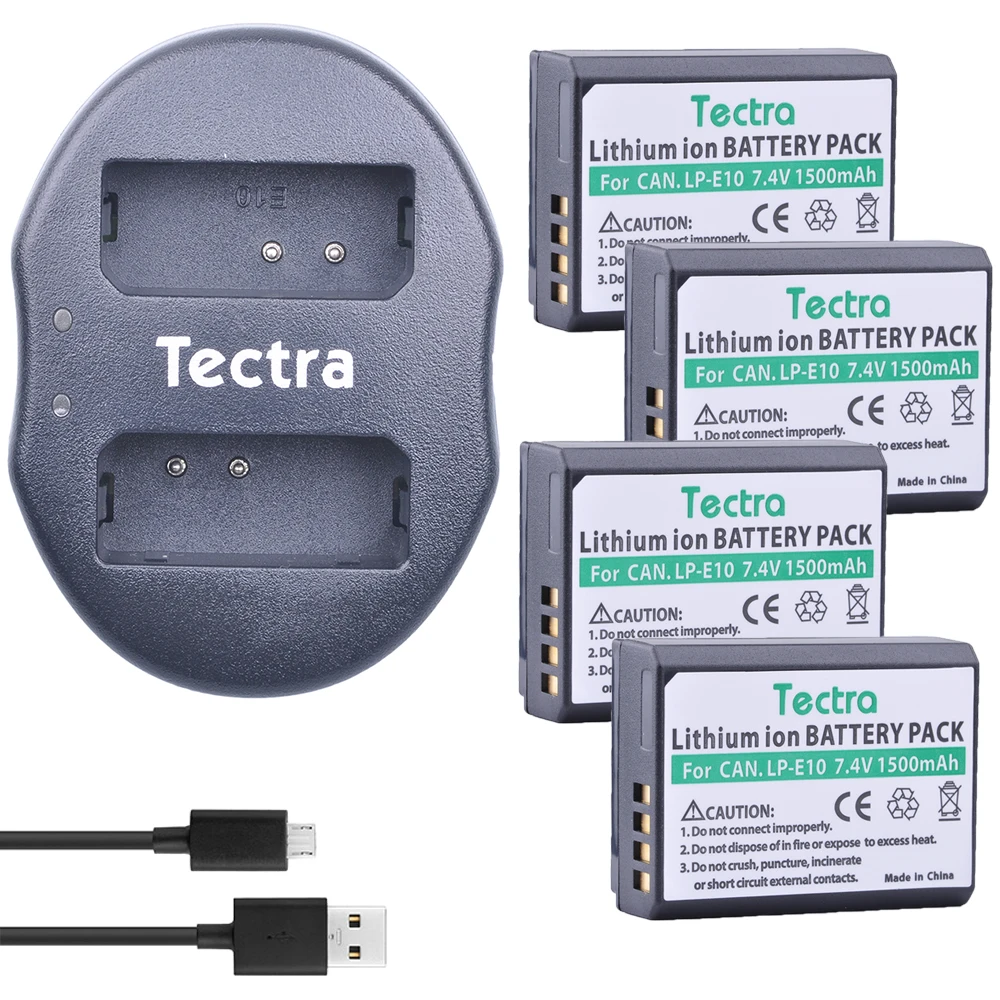 

Tectra 4pcs LP-E10 LPE10 Replacement Li-ion Bateria + USB Dual Charger for Canon 1100D 1200D 1300D Rebel T3 T5 KISS X50 X70