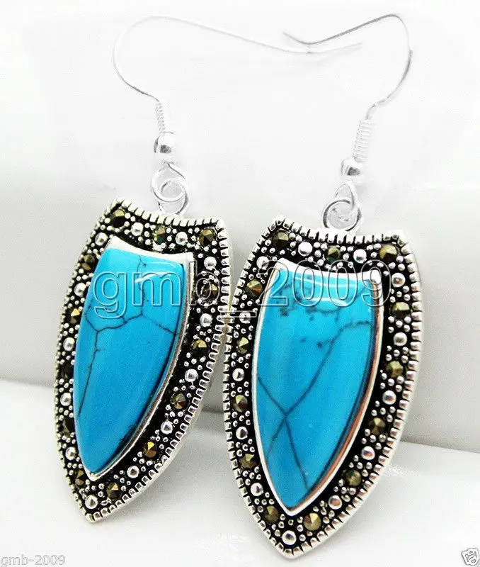 

unique lady's beautiful 925 Sterling Silver Blue Turquose Marcasite Dangle Natural stone bread Earing big earrings
