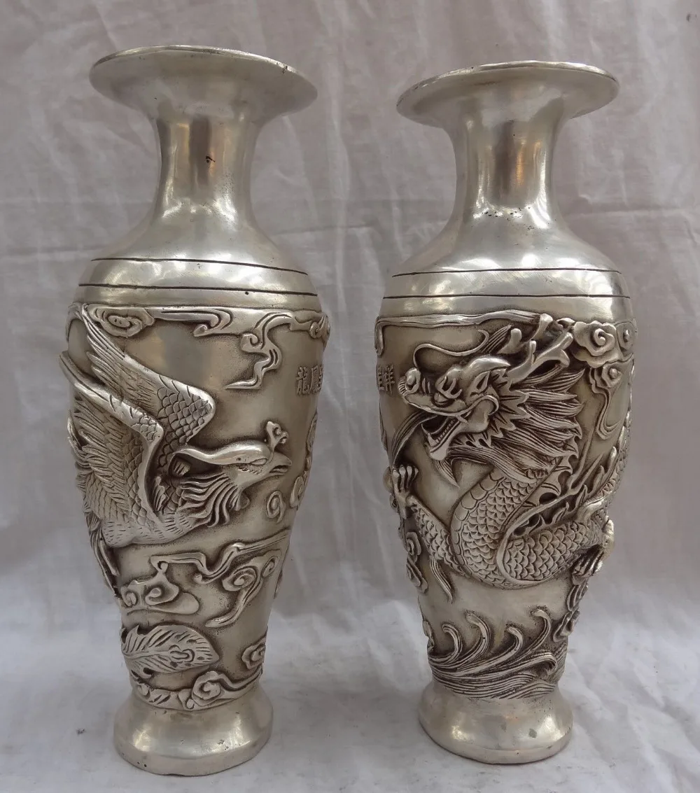 

bi003458 11" Chinese Silver Carved Dragon Phoenix Statue Twin Bronze Flower Pot Vase Pair