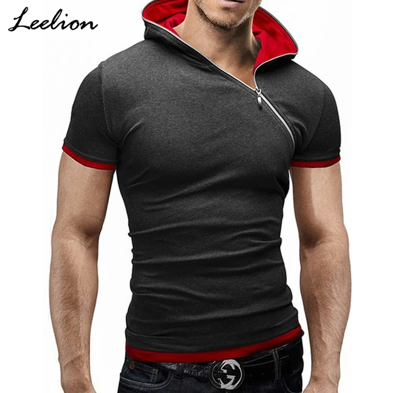 

IceLion 2019 Side Zipper Hooded T Shirt Men Summer Short Sleeve Fitness T-shirt Fashion Solid Slim Fit Men's Tshirt Plus Size