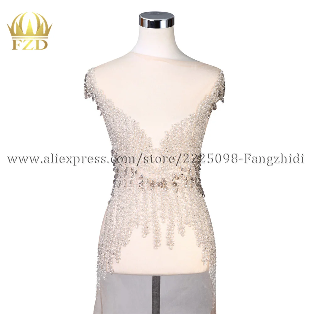 

FZD 1 Piece Hot FixBeaded Applique Rhinestone Stone with Pearl Applique Patches for DIY Wedding Dress and Evening Dress