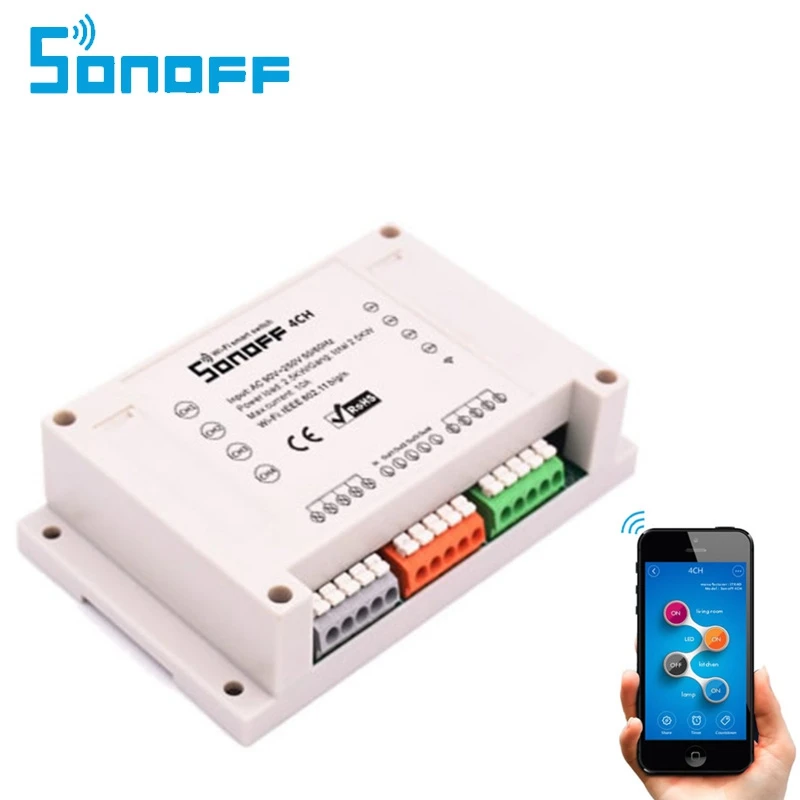 

Sonoff 4ch 4 Gang Channels Rail Mounting Wireless Control Wifi Itead Smart Switch Intelligent Home Light Remote 10a/2200w Alexa