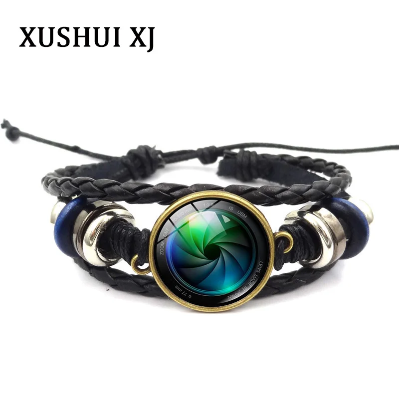 

XUSHUI XJ Fashion Jewelry Camera Lens Glass Cabochon Bracelets & Bangles Vintage Multilayer Braided Bracelets for Women Men