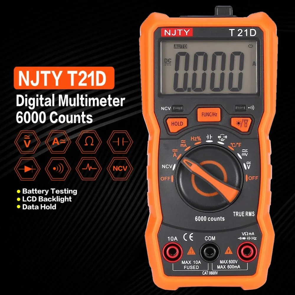 Цифровой мультиметр NJTY T21D DC/AC Измеритель Напряжения тока ручной Амперметр Ом диод NCV тестер 6000 отсчетов мультитестер