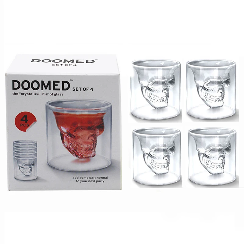 Image 4pcs set Double Layer Skull Glass Cup Set Crystal Skull Head Vodka Wine Shot Glass Cup Bar Party Glasses Drinking Ware 25ml