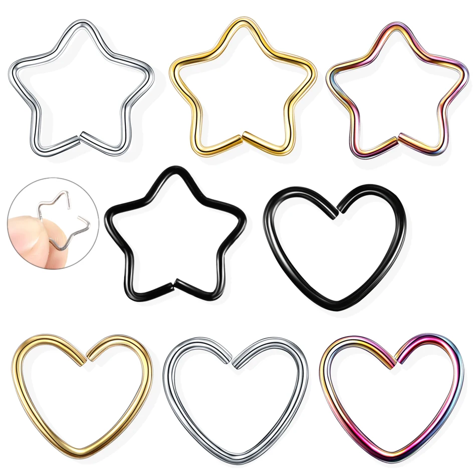 

1PC 316l Surgical Steel Daith Heart Star Ring Cartilage Tragus Piercings Hoop Lip Nose Rings Orbital Ear Stud Helix Jewelry 20G