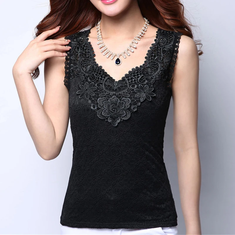 Womens Blouse Shirt Femininas Summer Tops and Blouses Lace Elegant Sleeveless Blusas Crochet Casual Flower Tops Plus Size Women