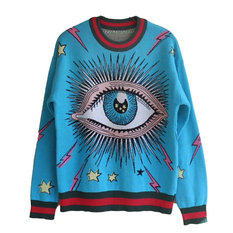 Роскошные брендовые свитера, женские пуловеры, блузка с длинным рукавом, топ, модный дизайн, красивые жаккардовые голубые вязаные свитера с большими глазами