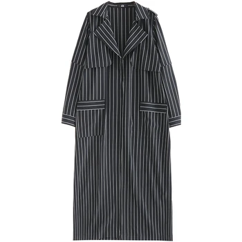 

Loose Windbreaker Women [EWQ] 2020 Fashion New Spring Autumn Long Sleeve Lapel Striped Patchwork Single Breasted Casual AC057