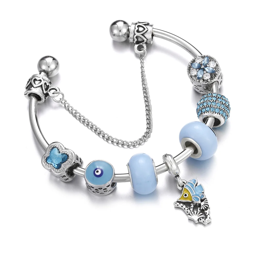 

Ocean Style Women Jewelry Blue Crystal Bead Fish Pendant Silver Chain Open Bracelets Bangles Girl Handmade Accessories Best Gift