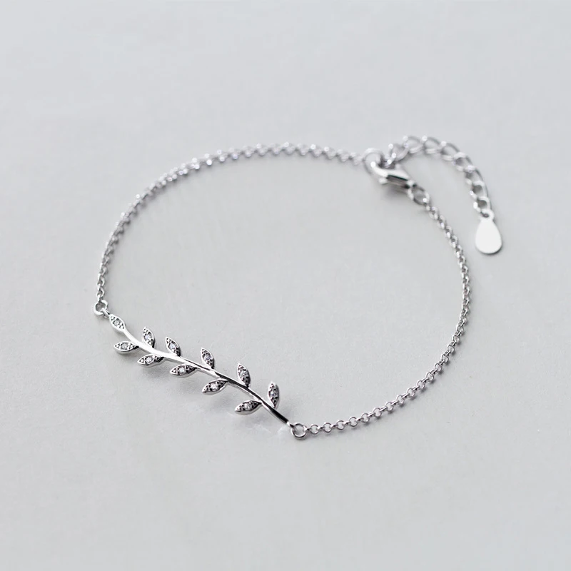 

MloveAcc S925 Sterling Silver Leaf Chain Bracelets & Bangles with Clear AAA Zircon Women Girls Silver Bracelet Gifts Jewelry