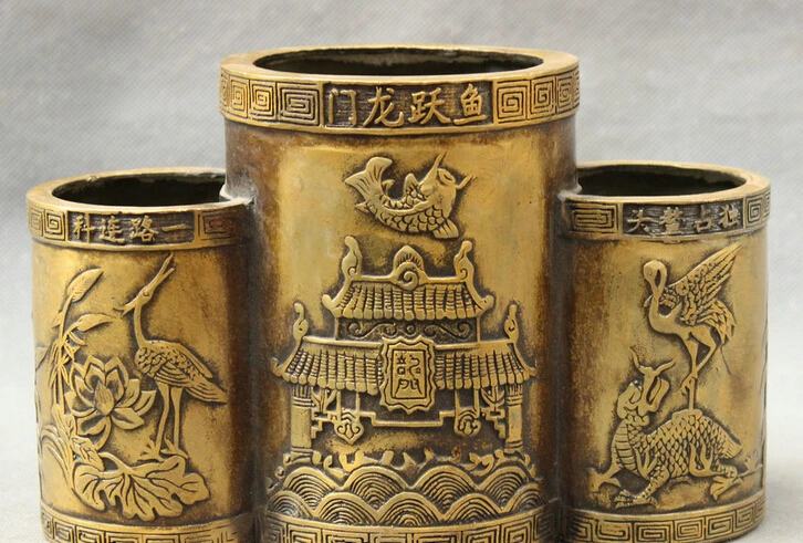 

JP S0608 8"Folk Chinese Bronze Crane Ride Dragon Turtle Statue Fish Brush Pot Pencil Vase B0403