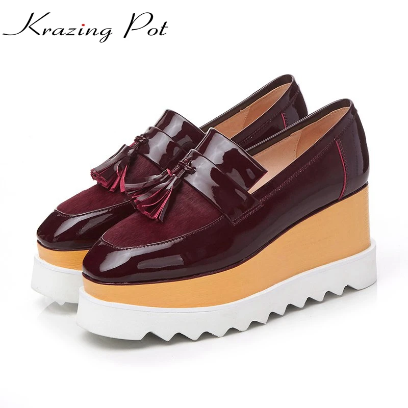 Krazing Pot horsehair shoes women square toe tassel platform design wedges pumps long legs decoration runway models shoes L33 Krazing Pot horsehair shoes women square toe tassel platform design wedges pumps long legs decoration runway models shoes L33