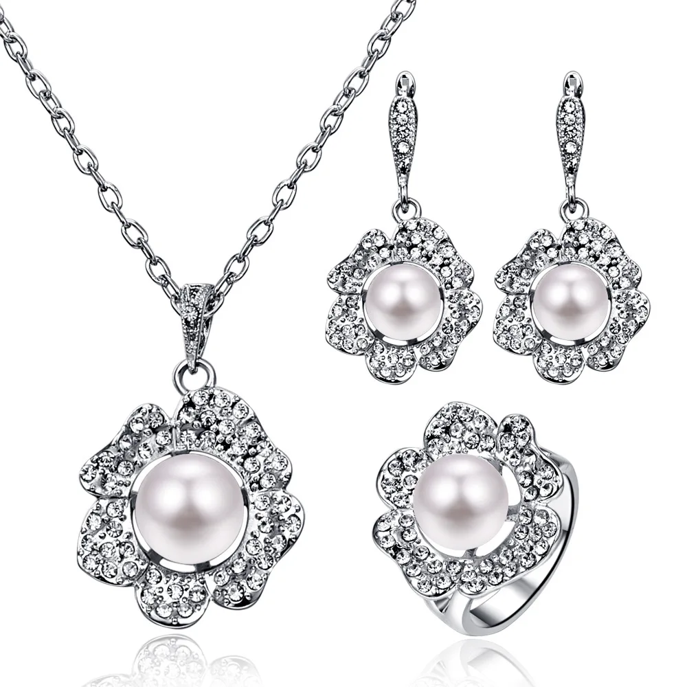 

TSHOU153 round Silver Pearl Flower Necklace Earrings Ring Three-piece Wedding Bridal Set