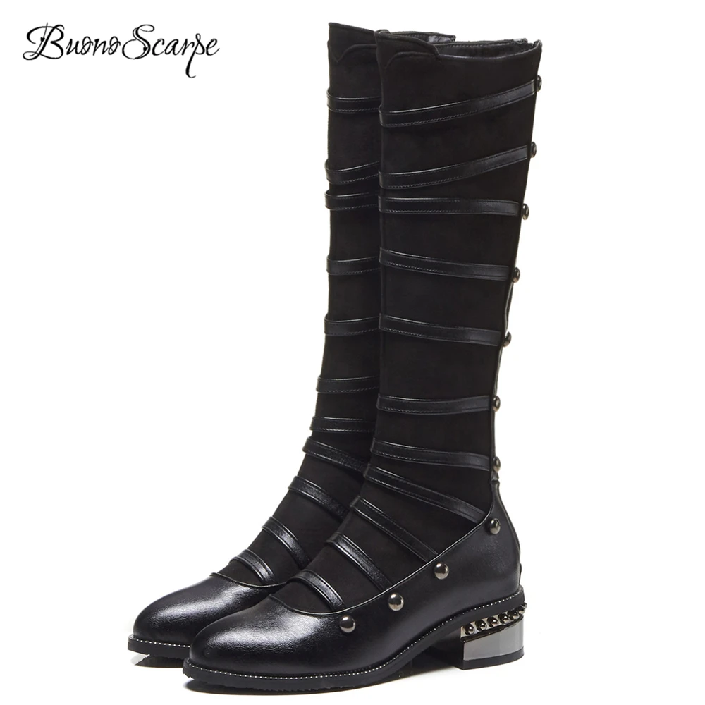 

BuonoScarpe Fashion Women Knee High Long Boots Rivets Strap Patchwork Long Boots Chunky Heel Back Zipper Winter Botas Warm Boots