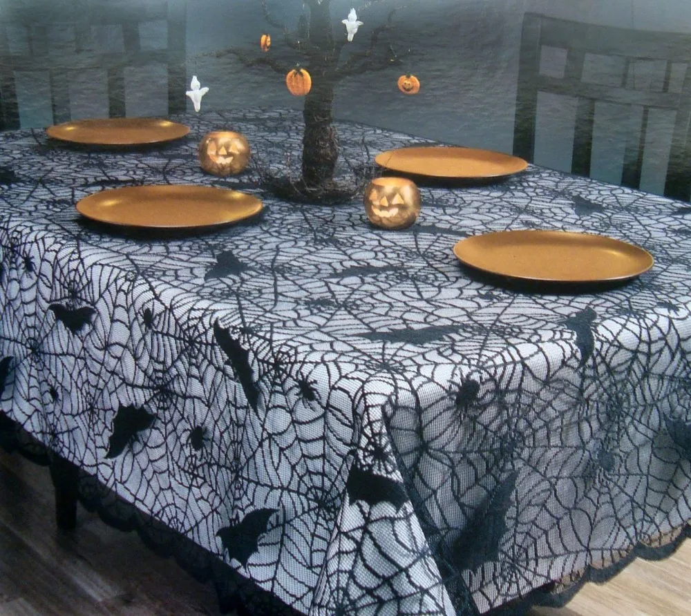 free shipping Halloween black lace table cloths with bat and spider web