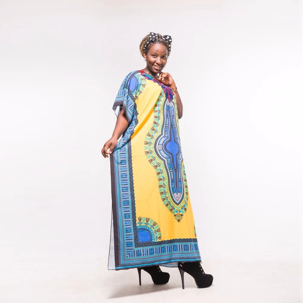 Dashikiage модная женская традиционная африканская печать пляжное желтое синее Дашики Бохо Макси длинное платье