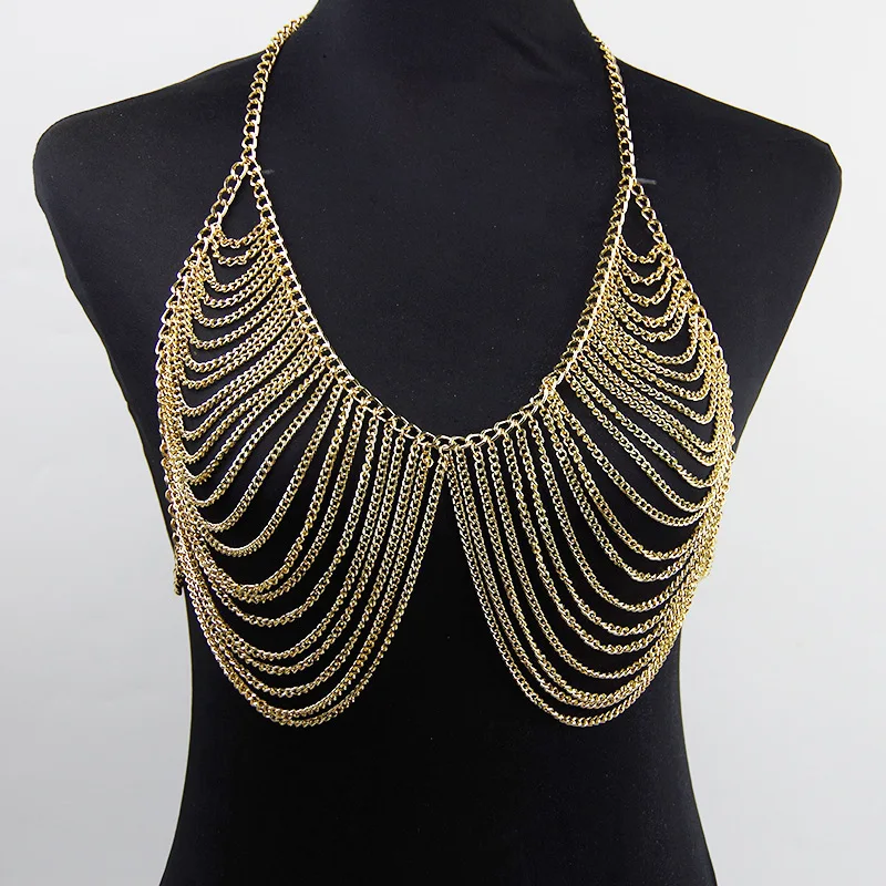 Gold Bra Body Chain Bikini Beach Breat Chain Sexy Body Chain Copper Body JewelryBody Jewelry
