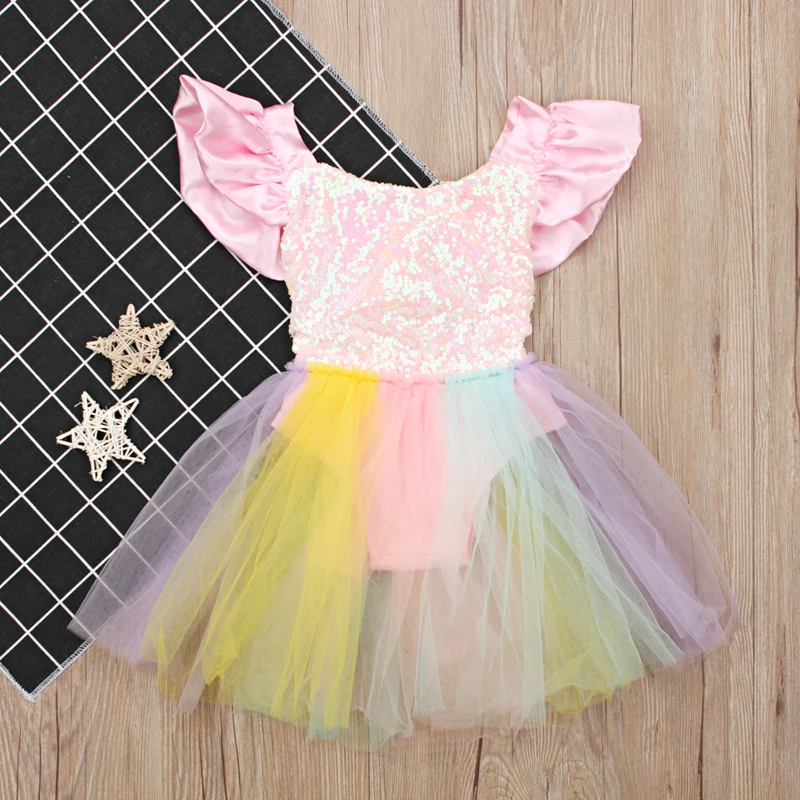 Toddler Girls Unicorn Dress Baby Girls Rainbow Colors Tulle Dress with Unicorn Lovely Kids Sundress for Unicorn Party