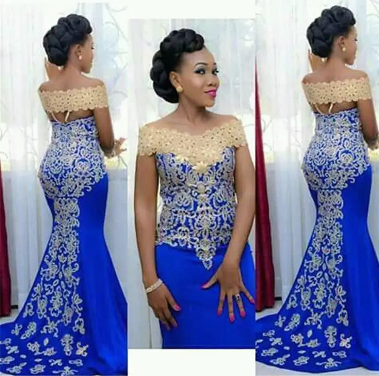 Elegant Evening Dresses Long 2019 Mermaid Off Shoulder Gold Embroidery Floor Length African Women Blue Formal Prom Evening Gown Elegant Evening Dresses Long 2019 Mermaid Off Shoulder Gold Embroidery Floor Length African Women Blue Formal Prom Evening Gown