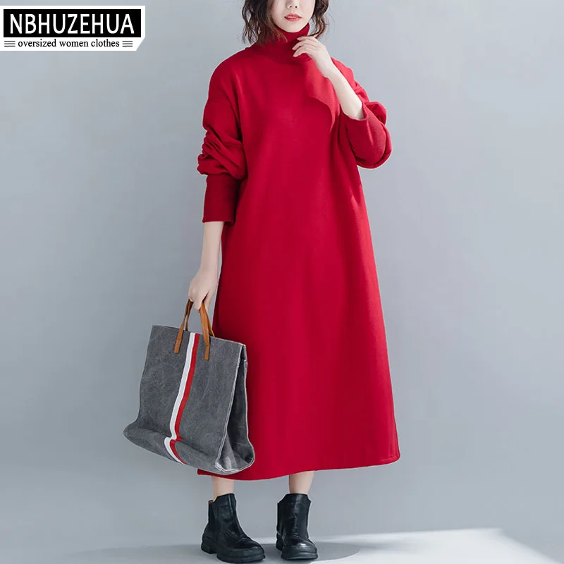 

NBHUZEHUA 2019 Long Sweatshirt Turtleneck Dress Long Sleeve Red Black Plus Thicken Large Size Dresses For Women 4XL 5XL 19-D117