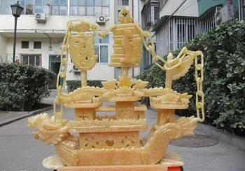 

song voge gem S0070 Chinese exquisite Yellow Jade fengshui Carved Dragon Boat ship Statue