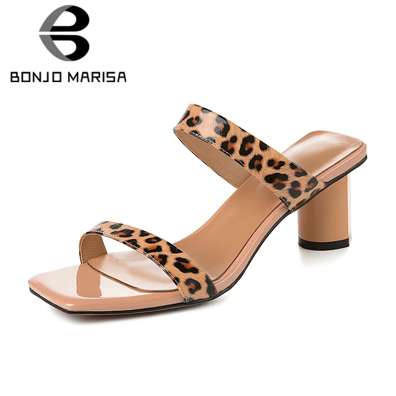 

BONJOMARISA 2019 Brand New Big Size 33-42 Fashion Leopard Mules Women Summer Cow Patent Leather Slippers Women Party Shoes Woman