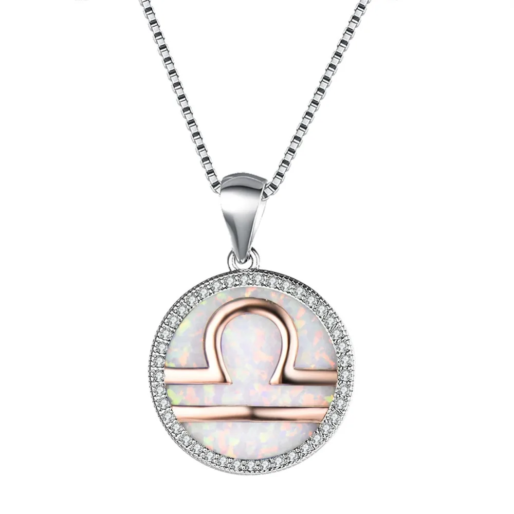 

Big Round 925 Sterling Silver Crystal Libra Pendant Necklaces White Blue Fire Opal Women Collar Necklaces Jewelry 2019