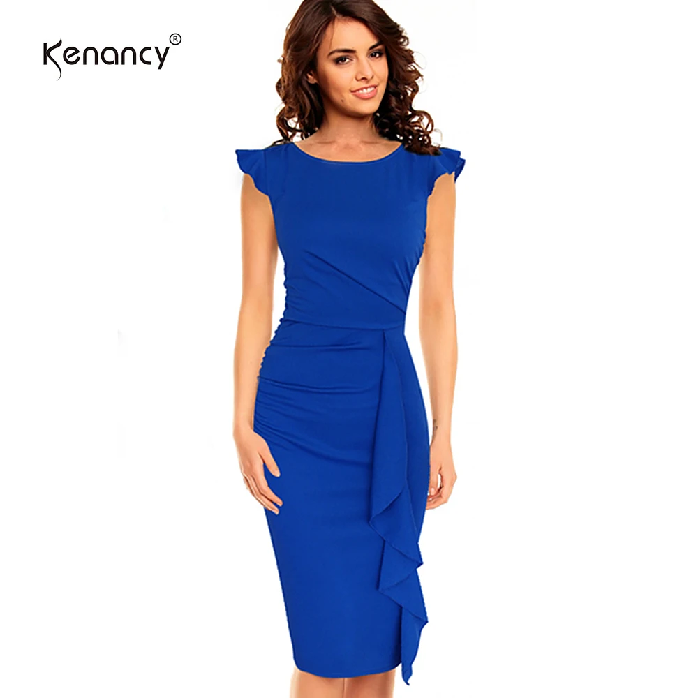 Kenancy 3XL размера плюс, однотонное платье с оборками и складками, женские вечерние и рабочие платья-футляр с рукавом до колена, облегающее платье, 3 цвета