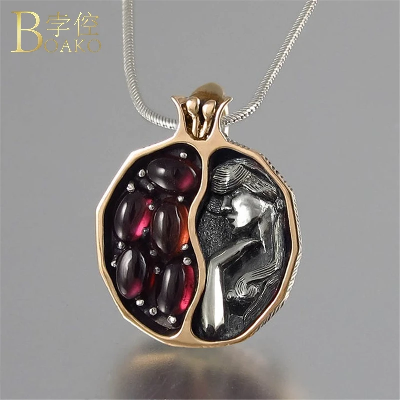 

BOAKO Pomegranate Pendant Necklaces For Women Jewelry Fruit Red Garnet Natural Stones Beads Queen Necklace Women collier femme