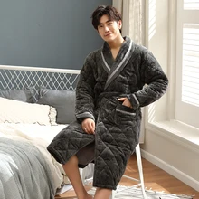 Для мужчин фланель трикотажный стеганый Халат с длинными Spa удобные мягкие твердый зимний халат Мужская пижама L-XXXL