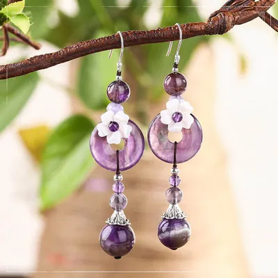 Elegant Retro Transparent Purple Stone Shell Flower Happiness & Peace Drop Earrings Sterling Ear Hook | Украшения и аксессуары