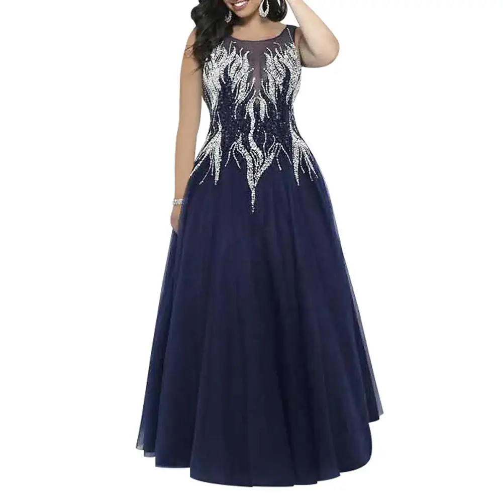 

Lady Rhinestone Sheer Gauze Patchwork Sleeveless Party Gown Maxi Dress Plus Size M-5XL