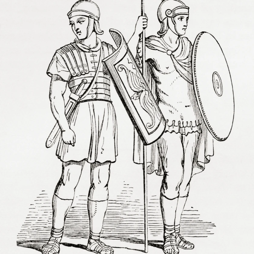 Roman infantry soldiers  after figures on Trajan's Column. From The Imperial Bible Dictionary  published 1889. (12 x 15)