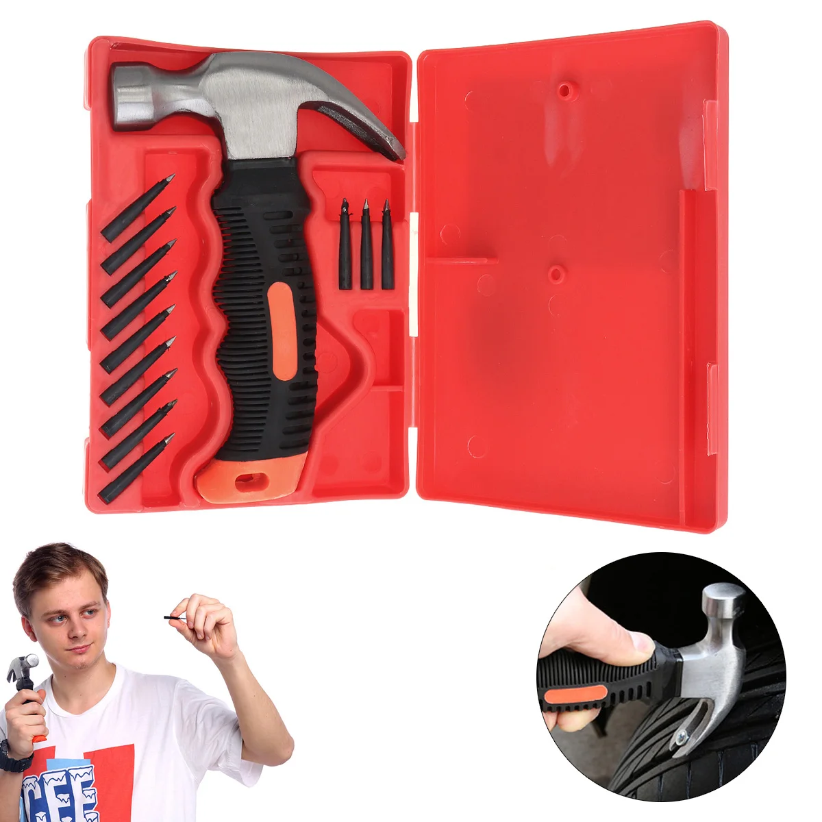 

12pcs Iron Chrome + Rubber Car Vacuum Tire Emergency Fast Repair Leak-filling Tire-repairing Nails Tool Kit with Claw Hammer
