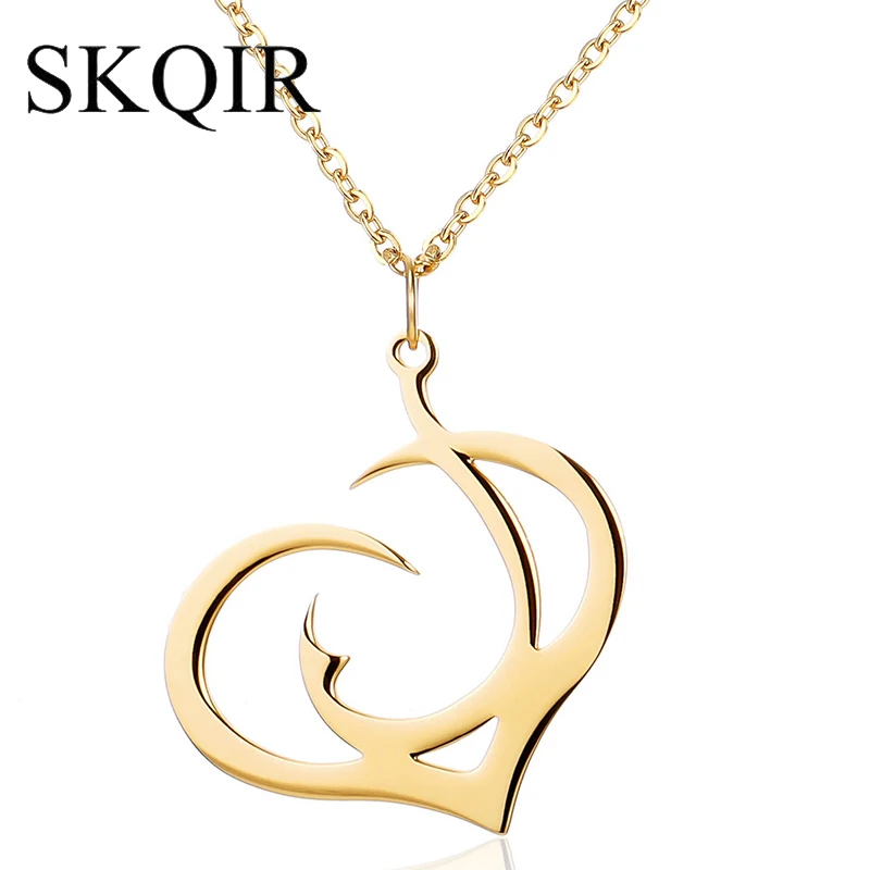 SKQIR Fashion Fishing Hook Pendant Necklace Women Stainless Steel Chain