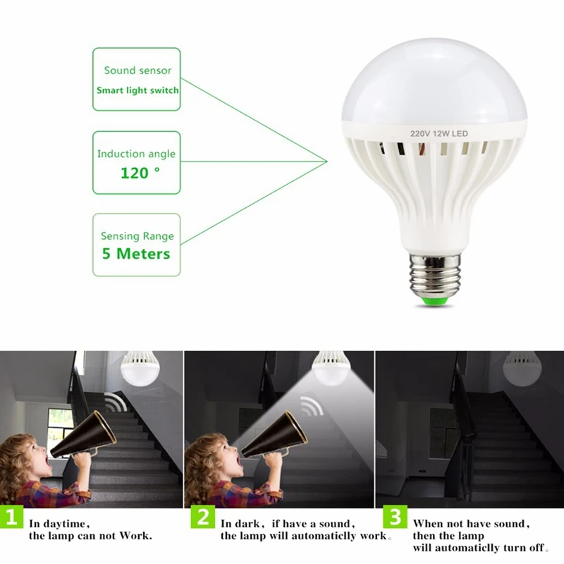 Умный голосовой звуковой датчик и светильник, светодиодный светильник 3 Вт 5 Вт 7 Вт 9 Вт 12 Вт E27 220 В, Индукционная лампа в форме пузыря, лестница, прихожая, ночной Светильник