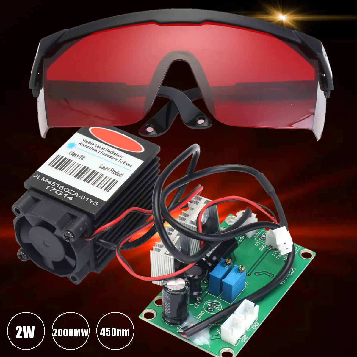 

Powerful 2W 445nm 450nm Red Laser Diode Module 2000mw Engraver + 405nm Goggles