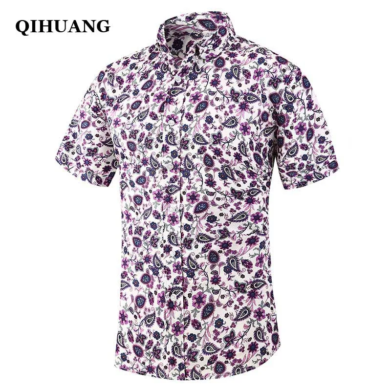 QIHUANG Men Hawaiian Shirt Summer Short Sleeve Tropical Floral Flamingos Button Down Beach Party Shirt Cotton Plus Size Shirts