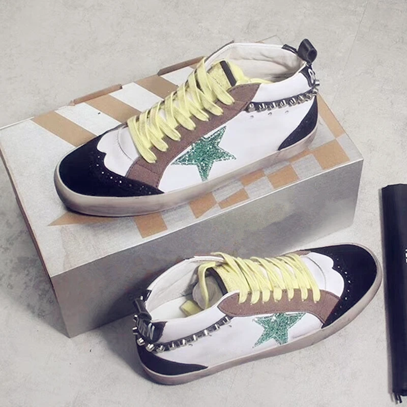 

Women Casual Shoes Glitter Leather Do Old Dirty Shoes Mixed Color Women Flats High Top Rivets Sequins Star Golden trainers Shoes